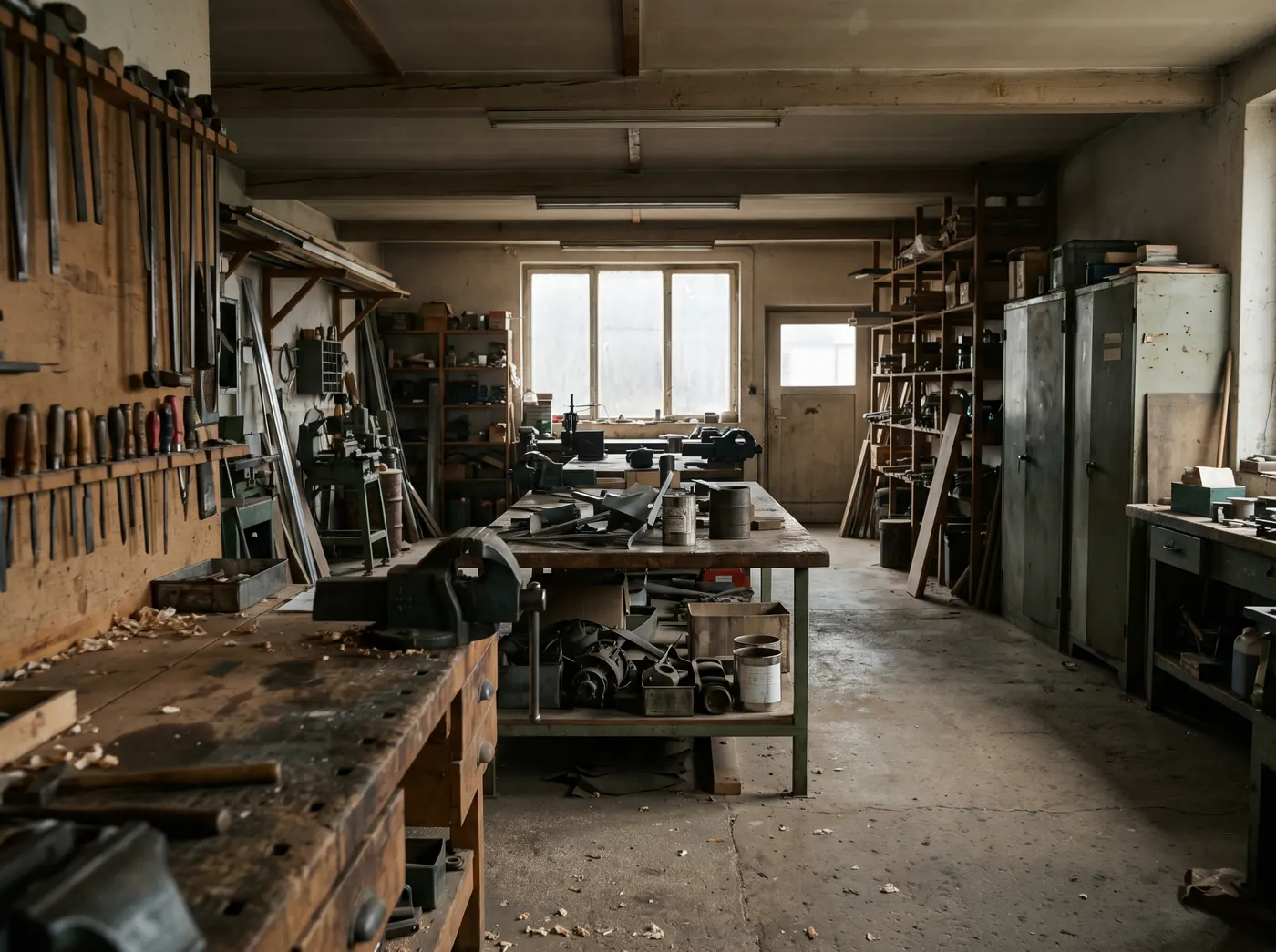 Atelier de charpente Ninet Frères, poutres en chêne et outils sur établi
